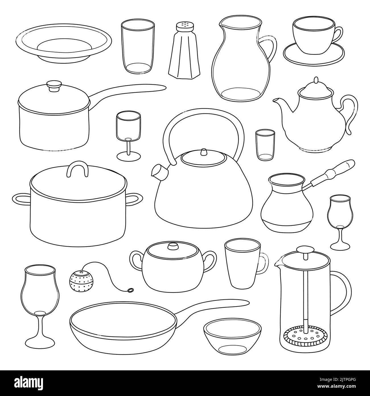 Handgezeichnete Umrisse Küchengeräte und Geschirr isoliert auf weißem Hintergrund. Stock Vektor
