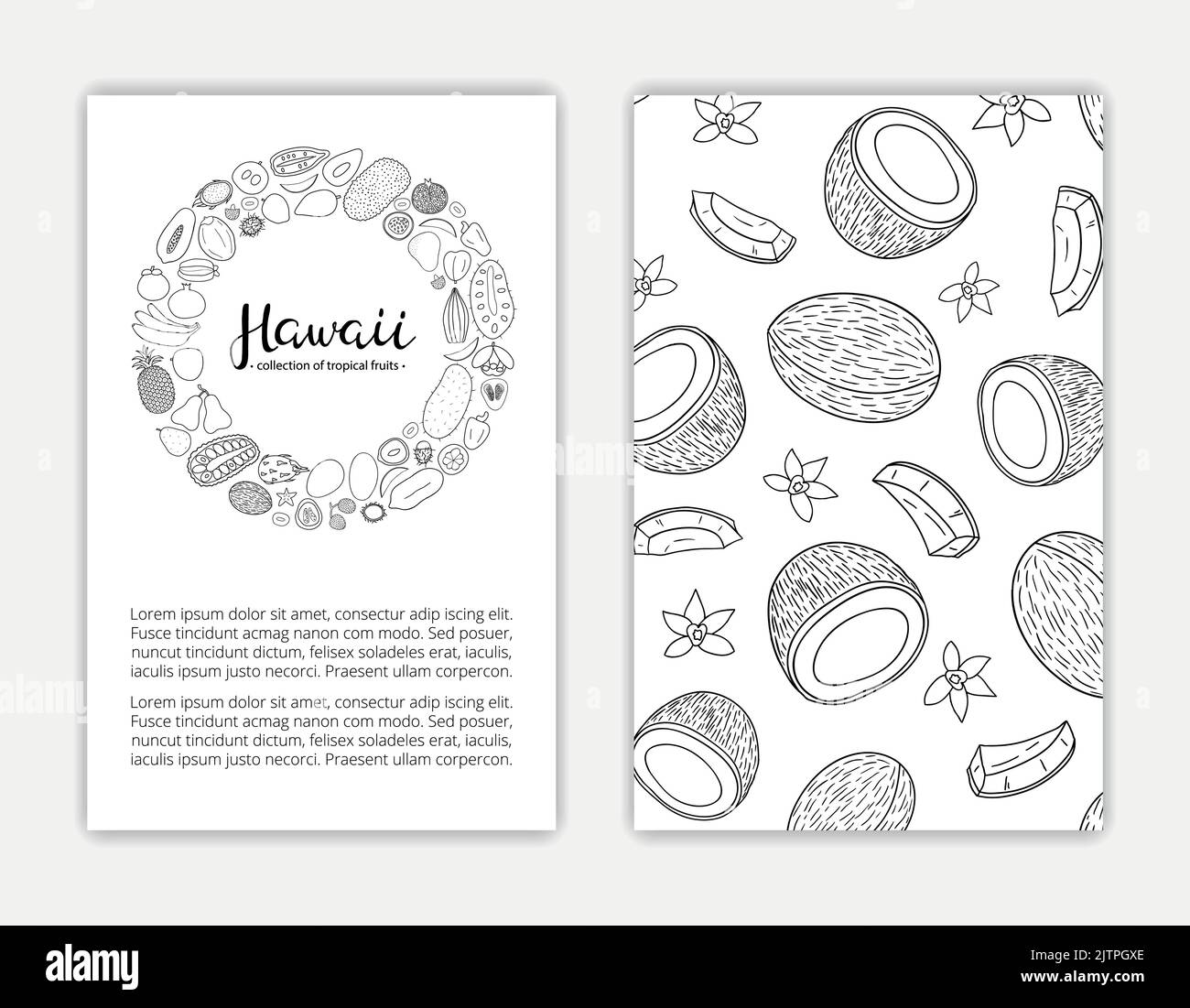 Editierbare Kartenvorlagen mit handgezeichneten hawaii-Früchten und Text. Verwendete Clipping-Maske. Stock Vektor