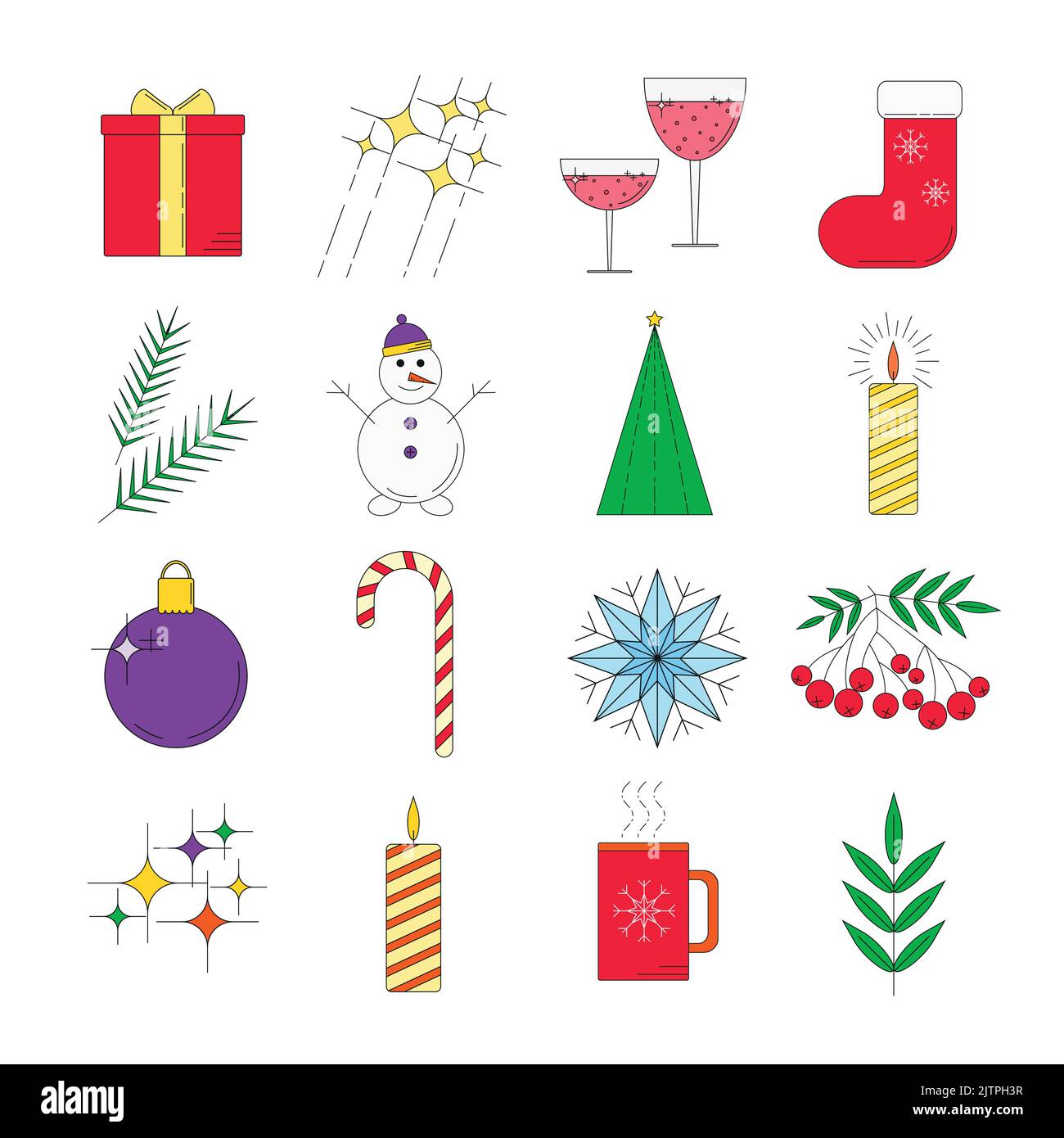 Satz von bunten linearen Symbolen für Weihnachtsferien. Saisonale Winter-Symbole mit dünnen Linien für Web- und Mobildesign. 16 detaillierte Weihnachtssymbole. Stock Vektor