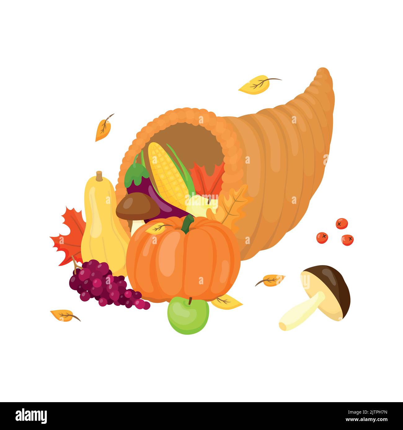 Thanksgiving voller Füllhorn mit Gemüse, Pilzen und Früchten im Cartoon-Stil isoliert auf weißem Hintergrund. Stock Vektor