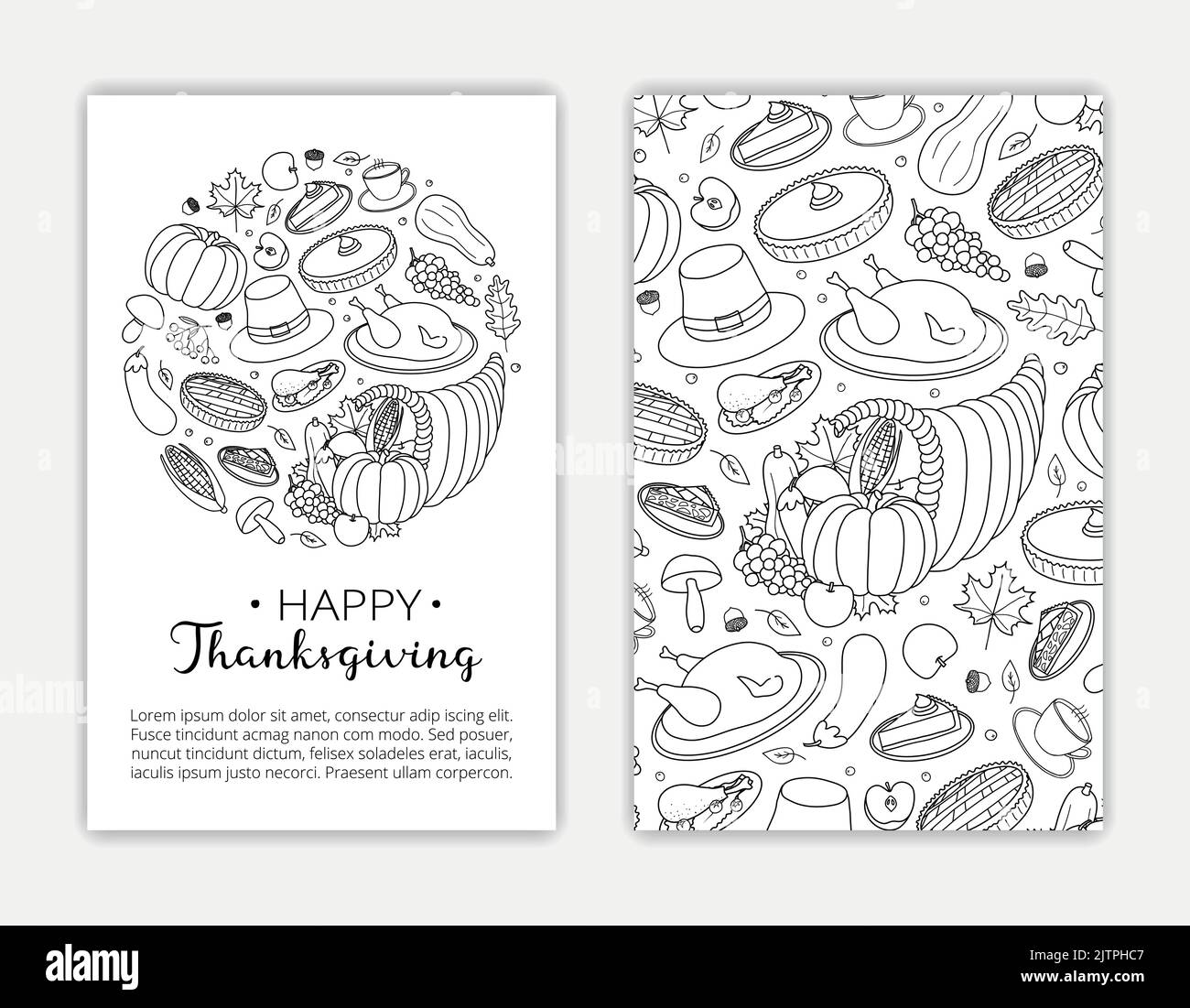 Editierbare Kartenvorlagen mit handgezeichneten Gegenständen und Text für Thanksgiving-Tag. Verwendete Begrenzungsmaske. Stock Vektor