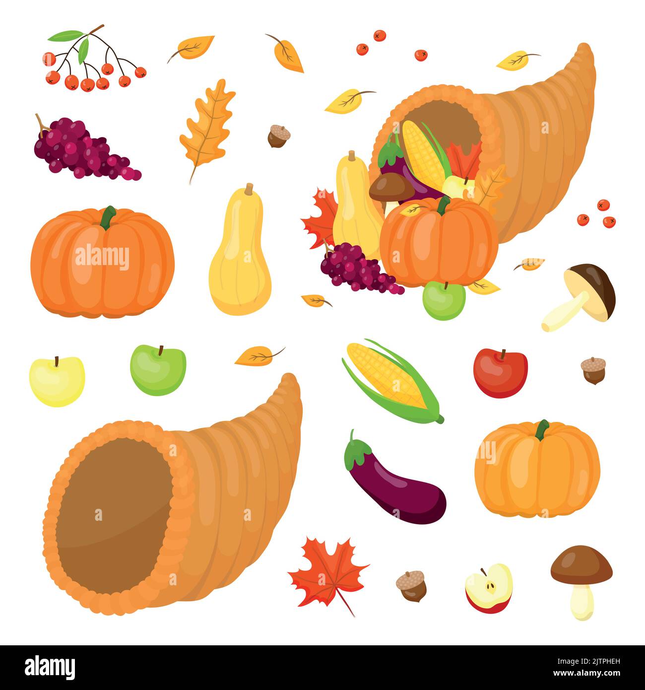 Cartoon Füllhorn mit Gemüse und Obst für Thanksgiving Tag Feier isoliert auf Tafel Hintergrund. Stock Vektor