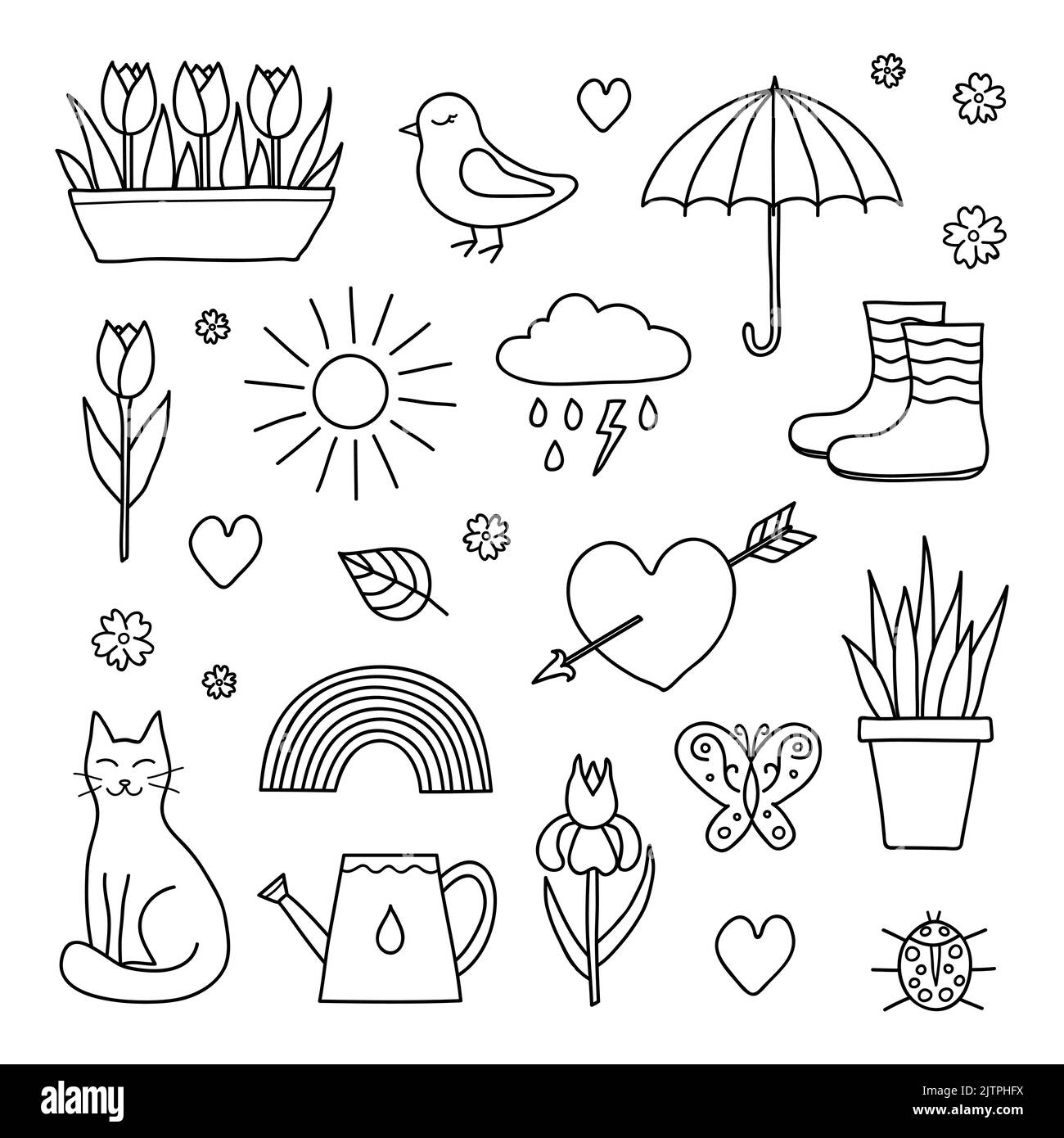Sammlung von handgezeichneten Outline-Frühlingsartikeln wie Sonne, Wolke, Regenschirm, Stiefel, Blumen, Katze, Vogel, Schmetterling, Marienkäfer und Regenbogen isoliert auf wh Stock Vektor