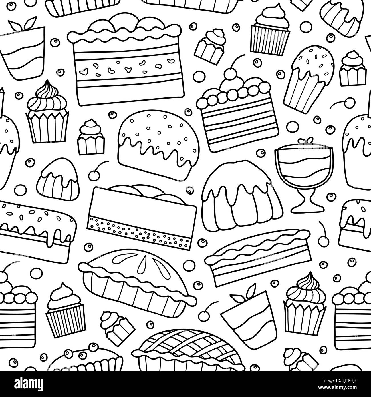 Schwarz-weiß nahtlose Muster mit verschiedenen handgezeichneten Umrisse Kuchen und Desserts. Stock Vektor