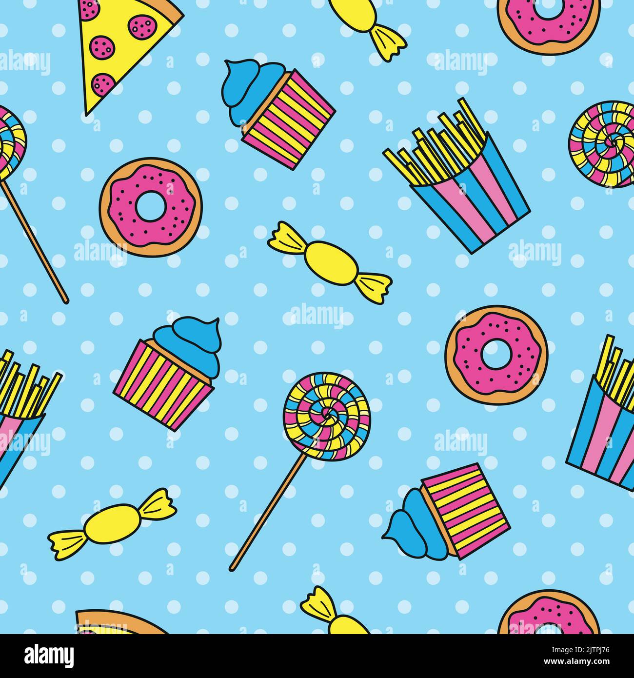 Leuchtendes, nahtloses Muster mit Pop-Art-Fast-Food-Artikeln. Stock Vektor