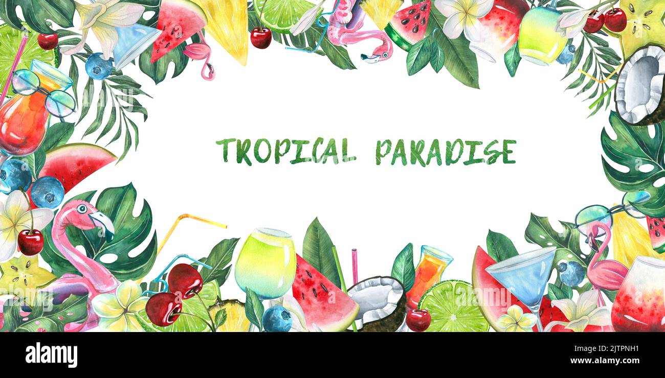 Horizontaler Rahmen mit tropischen Früchten, Cocktails und Blättern. Aquarell, hell, saftig, Strand, Sommer Illustration. Für die Gestaltung und Gestaltung von Menüs Stockfoto