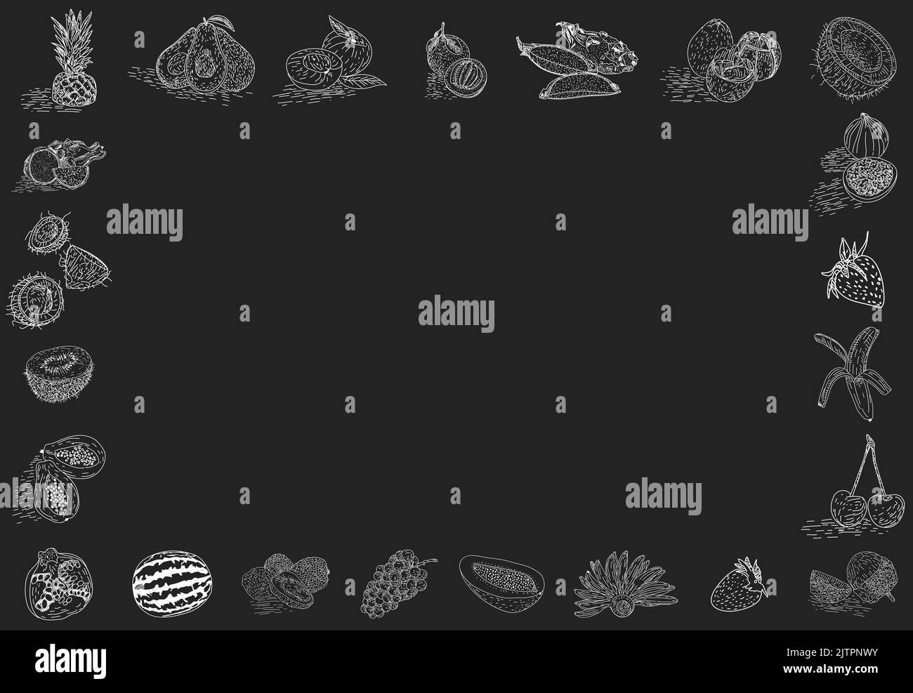 Vektor-Illustration von Kreidefrucht auf Tafel. Handgezeichnete Abbildung. Gestaltungselement für Poster, Menü, Flyer, Banner, Menü, Paket. Stock Vektor