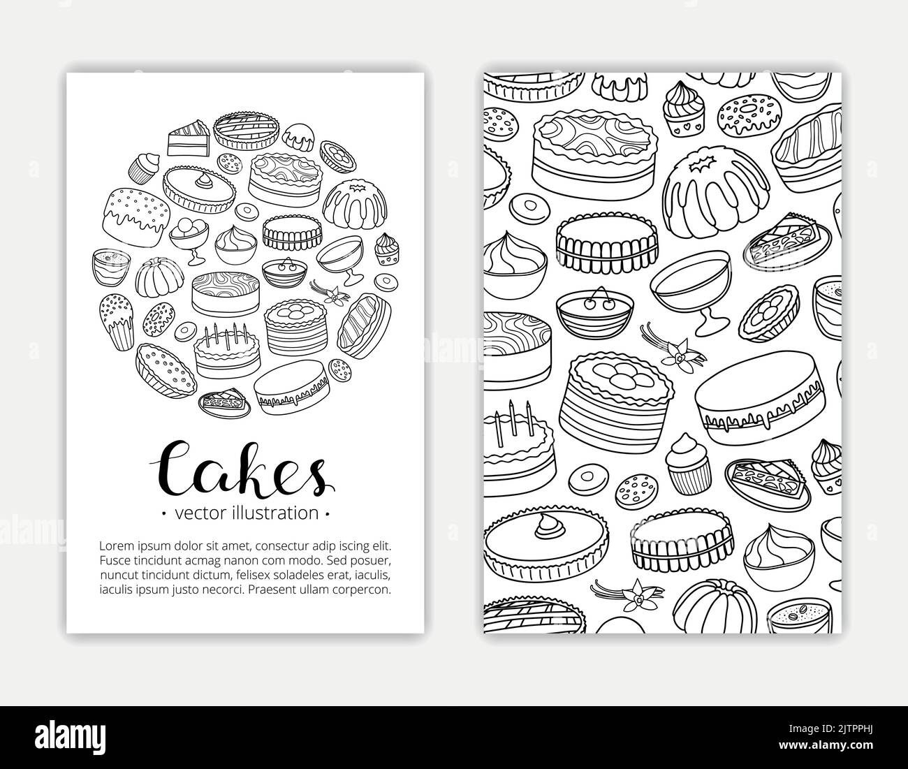 Kartenvorlagen mit Doodle skizzieren Kuchen, Desserts und Kuchen. Verwendete Begrenzungsmaske. Stock Vektor