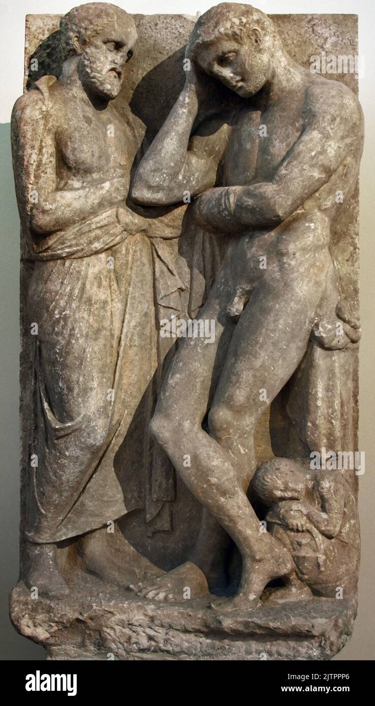 Grabstein Tell aus der Nekropole von Kerameikos - Meister sagt seinem Schüler Auf Wiedersehen. Nationales Archäologisches Museum in Athen. Stockfoto