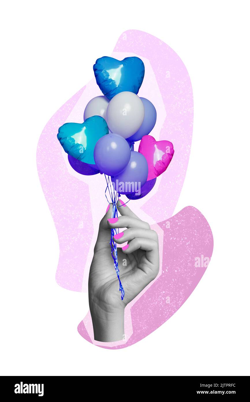 Vertikale kreative Collage Bild der Frau halten niedlichen Helium Luftballons girlish Party Geburtstag Kind Prinzessin funkelnden Zeichnung Hintergrund Stockfoto