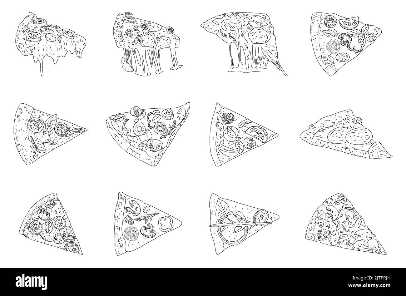 PizzaSet, Skizzenstil. Draufsicht. Designvorlage. Sammlung von Pizza