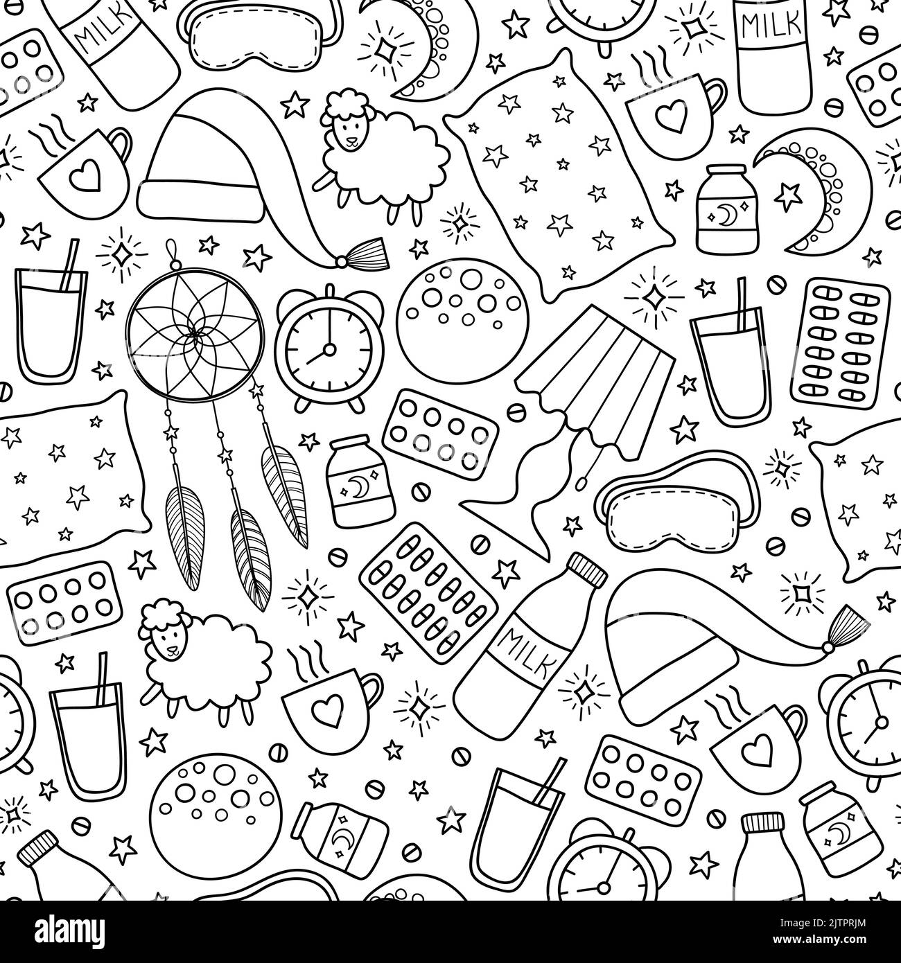 Schwarz-Weiß-Nahtloses Muster mit Doodle umreißt Schlaf- und Schlaflosigkeit-Elemente wie Mond, Milch, Sterne, Schafe, Kissen, Tee oder Kaffee, Pillen, träumen Stock Vektor