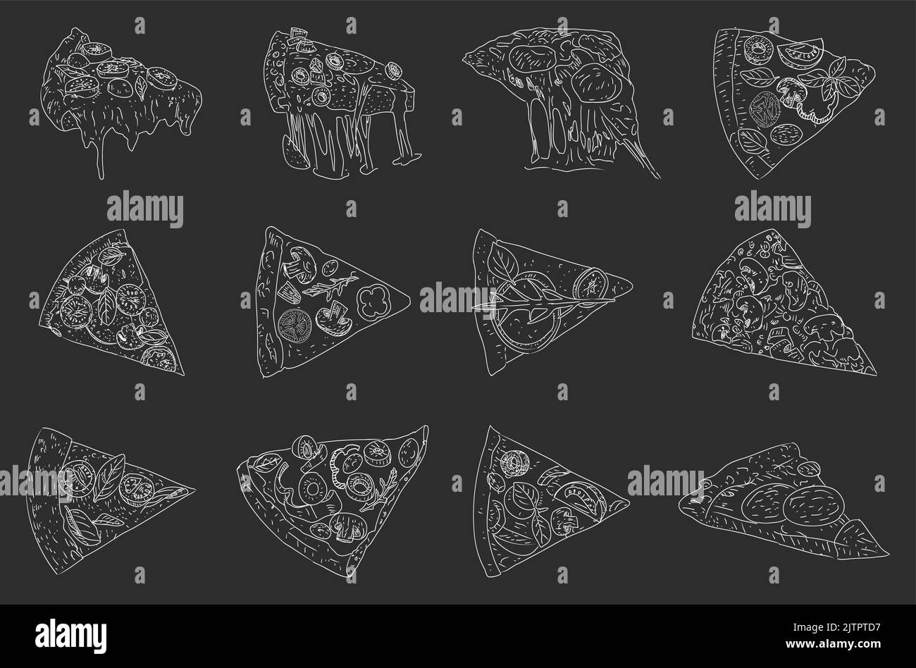 PizzaSet, Skizzenstil. Draufsicht. Designvorlage. Sammlung von Pizza