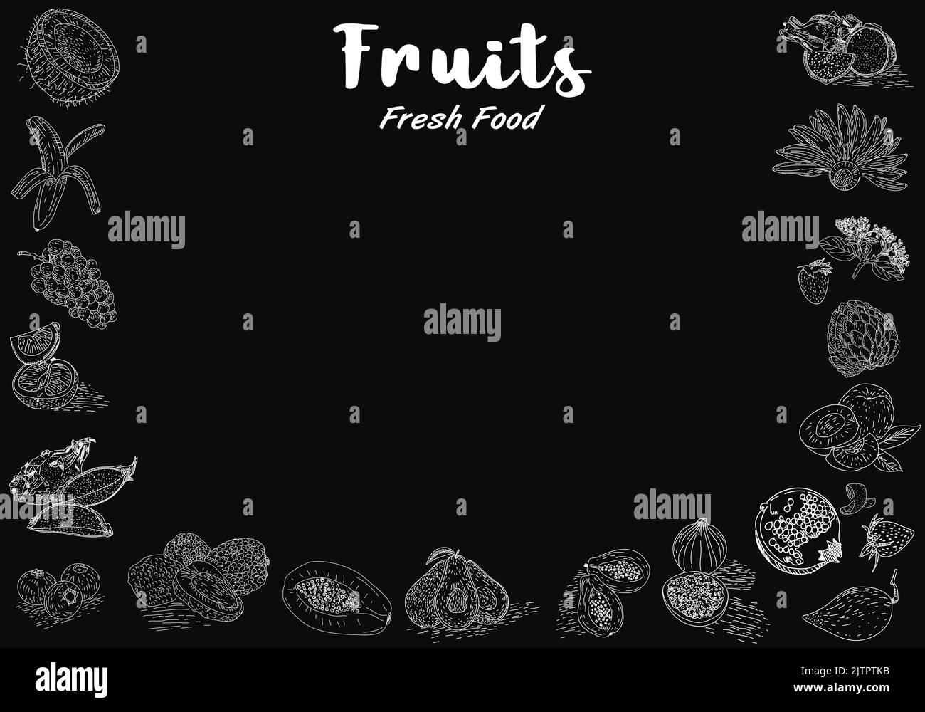 Vektor-Illustration von Kreidefrucht auf Tafel. Handgezeichnete Abbildung. Gestaltungselement für Poster, Menü, Flyer, Banner, Menü, Paket. Stock Vektor