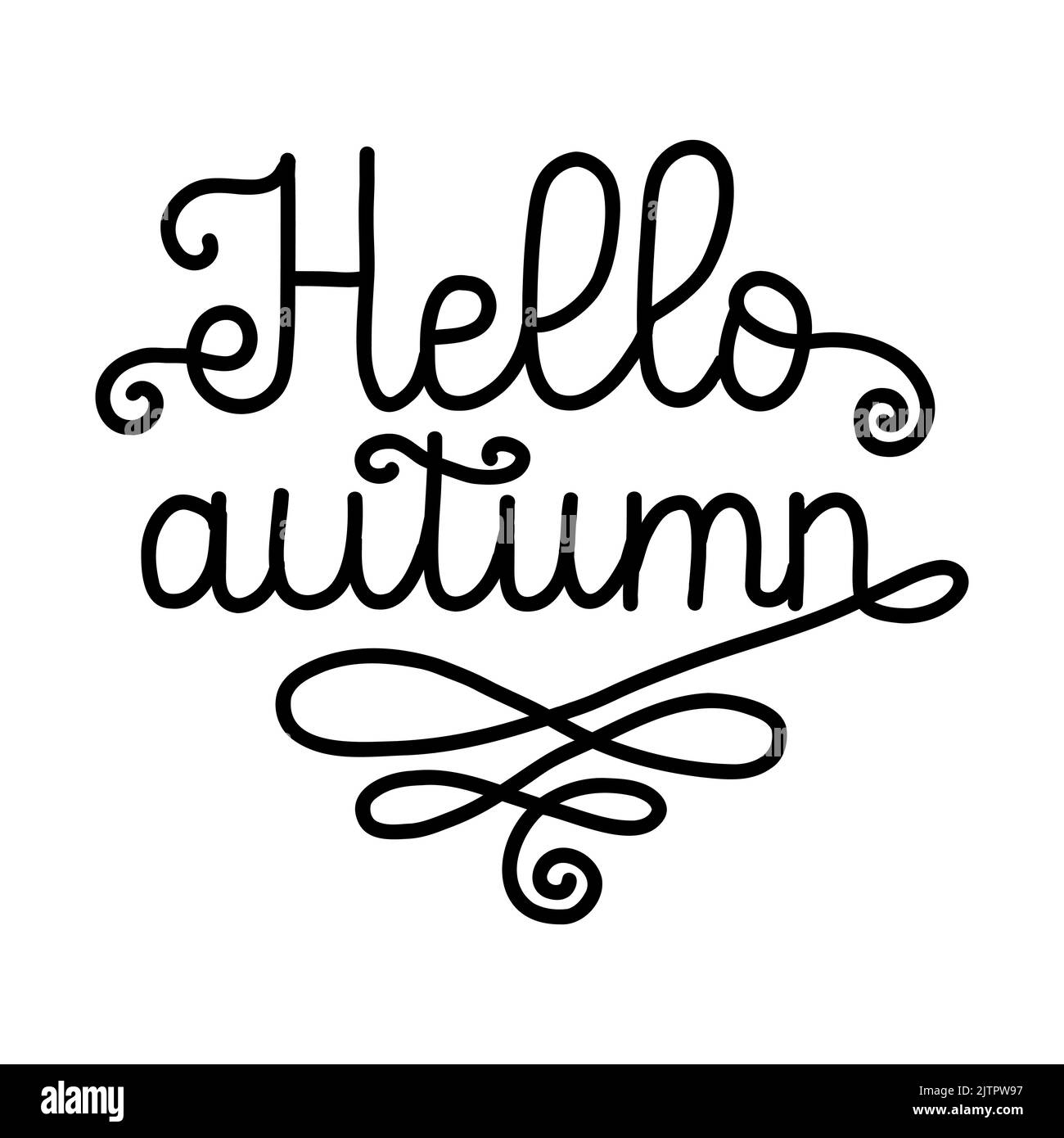 Hello Autumn Hand Lettering Phrase im Doodle-Stil. Schwarze Vektorgrafik isoliert auf weißem Hintergrund. Herbstkonzept. Für Druck, Design, Textil Stock Vektor