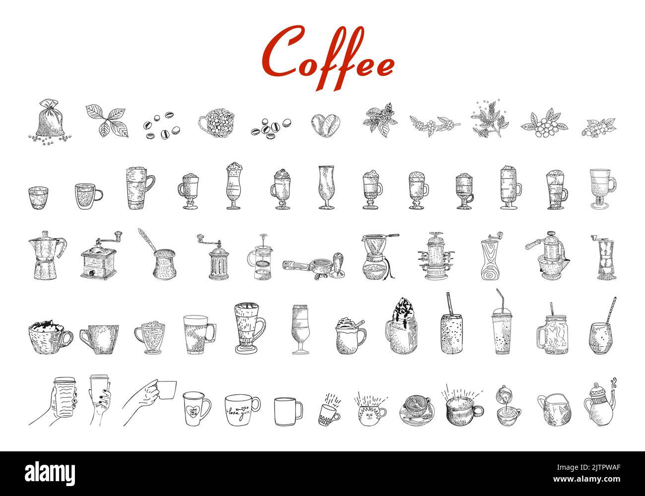 Handgezeichnete Kaffeekollektion. Vektor Skizze Illustration Set Mit Türke, Tassen, Kaffeetasche, Kaffeemühle, Kaffeemaschine, Wasserkocher, Tassen, Latte. Grafik skizzieren Stock Vektor