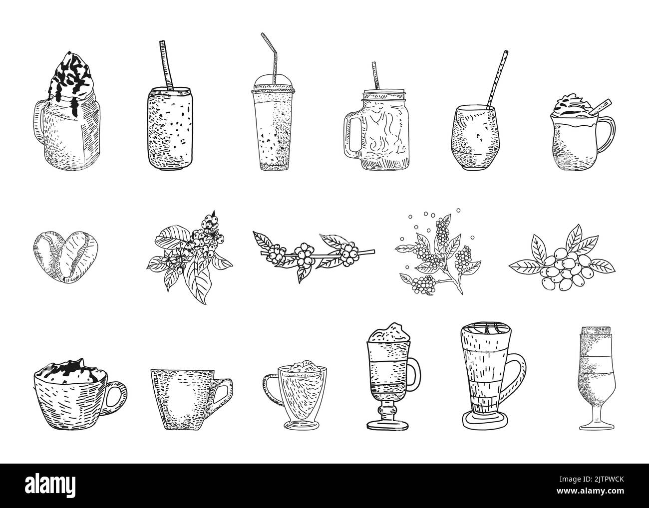 Handgezeichnete Kaffeekollektion. Vektor Skizze Illustration Set Mit Türke, Tassen, Kaffeetasche, Kaffeemühle, Kaffeemaschine, Wasserkocher, Tassen, Latte. Grafik skizzieren Stock Vektor