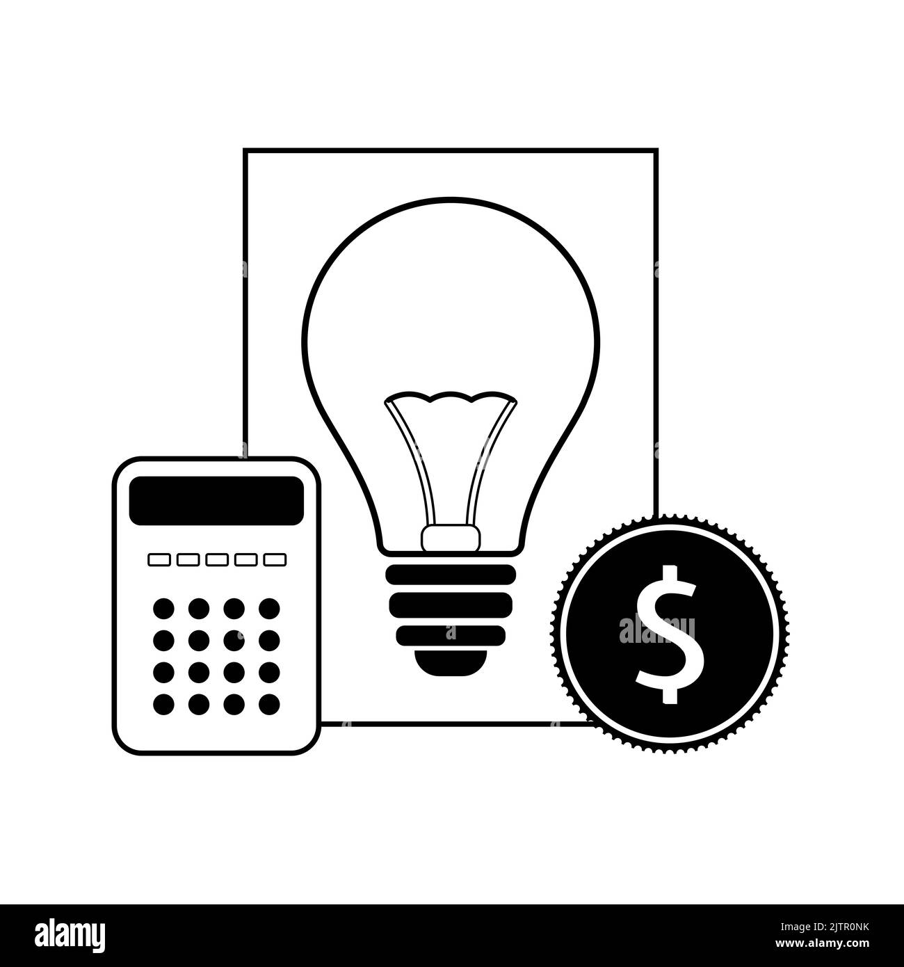 Energiepreiskonzept. Symbol von Bill, Glühbirne, Dollar-Münze und Rechner. Flache Vektorgrafik Stock Vektor