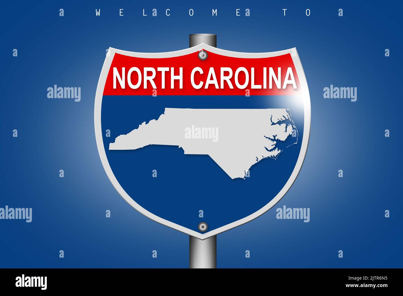 North Carolina auf Autobahn Straßenschild über blauem Hintergrund, 3D Rendering Stockfoto