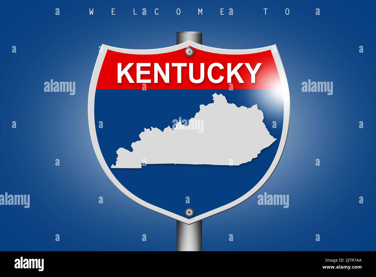 Kentucky auf Highway Road Schild über blauem Hintergrund, 3D Rendering Stockfoto