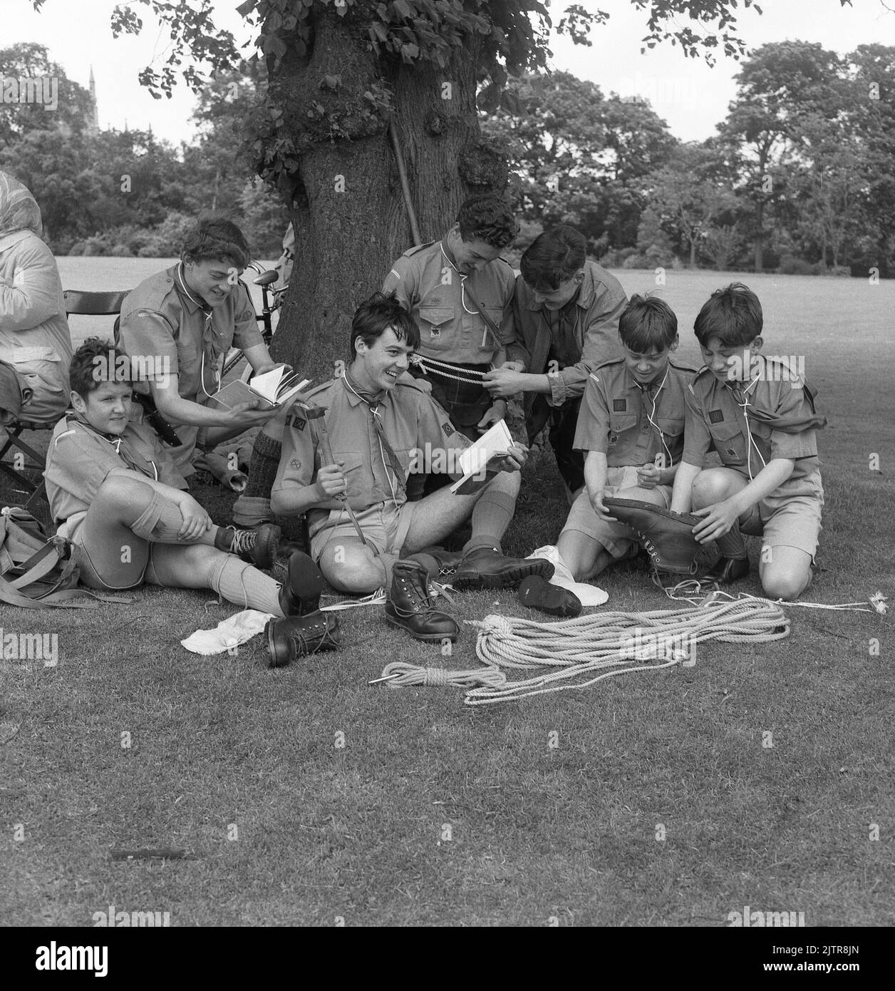 1965, historisch, draußen in einem Park, bei einer Kundgebung für junge Pfadfinder, Pfadfinder mit Büchern, die über Knoten lernen, Schottland. Stockfoto