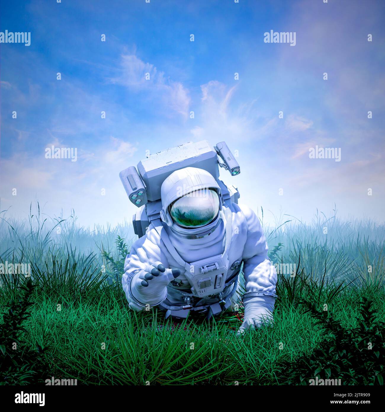 Neue Heimatwelt - 3D Illustration der Science-Fiction-Szene mit einmundem Astronauten, der unter dem herrlichen Himmel durch Gras auf einem fremden Planeten kriecht Stockfoto