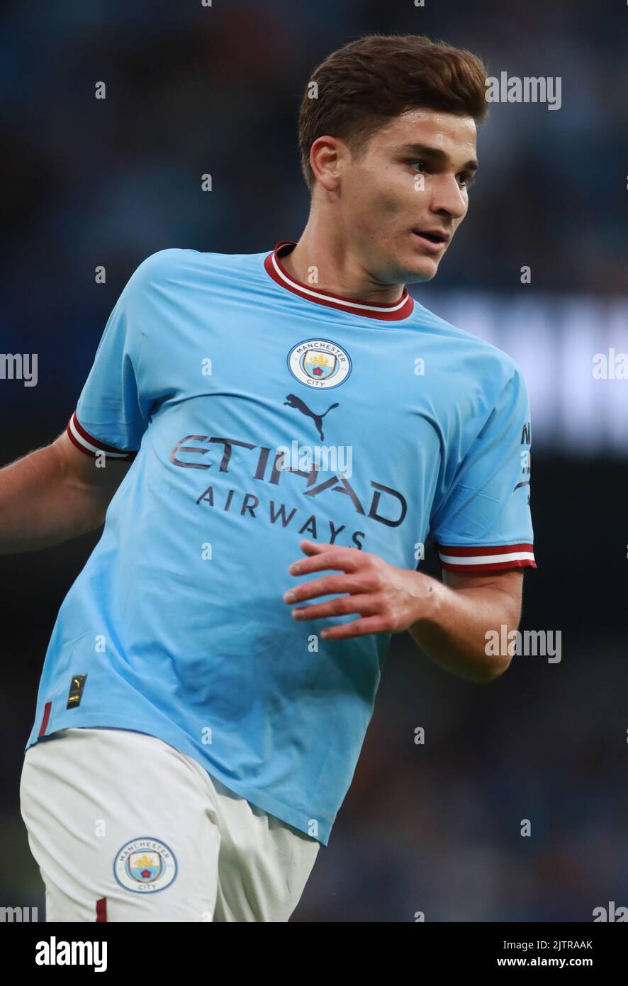 Manchester, England, 31.. August 2022. Julian Alvarez von Manchester City während des Spiels der Premier League im Etihad Stadium, Manchester. Bildnachweis sollte lauten: Simon Bellis / Sportimage Stockfoto