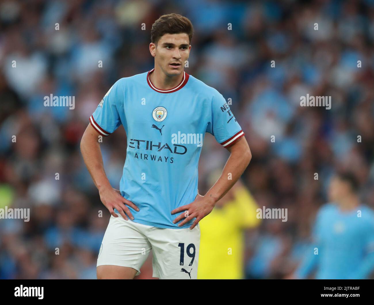 Manchester, England, 31.. August 2022. Julian Alvarez von Manchester City während des Spiels der Premier League im Etihad Stadium, Manchester. Bildnachweis sollte lauten: Simon Bellis / Sportimage Stockfoto