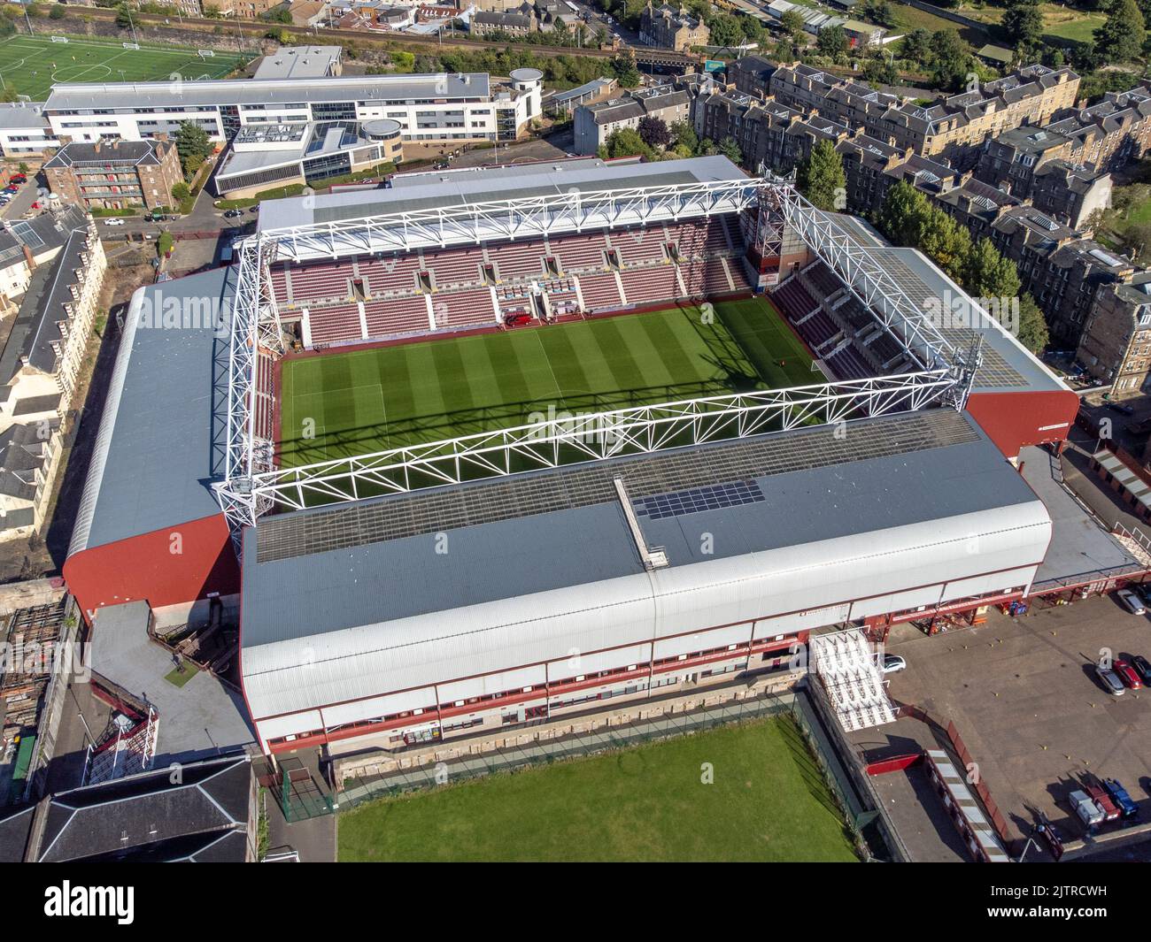Luftbild mit Tynecastle Park, Edinburgh, Heimstadion des Midlothian Football Club. Stockfoto