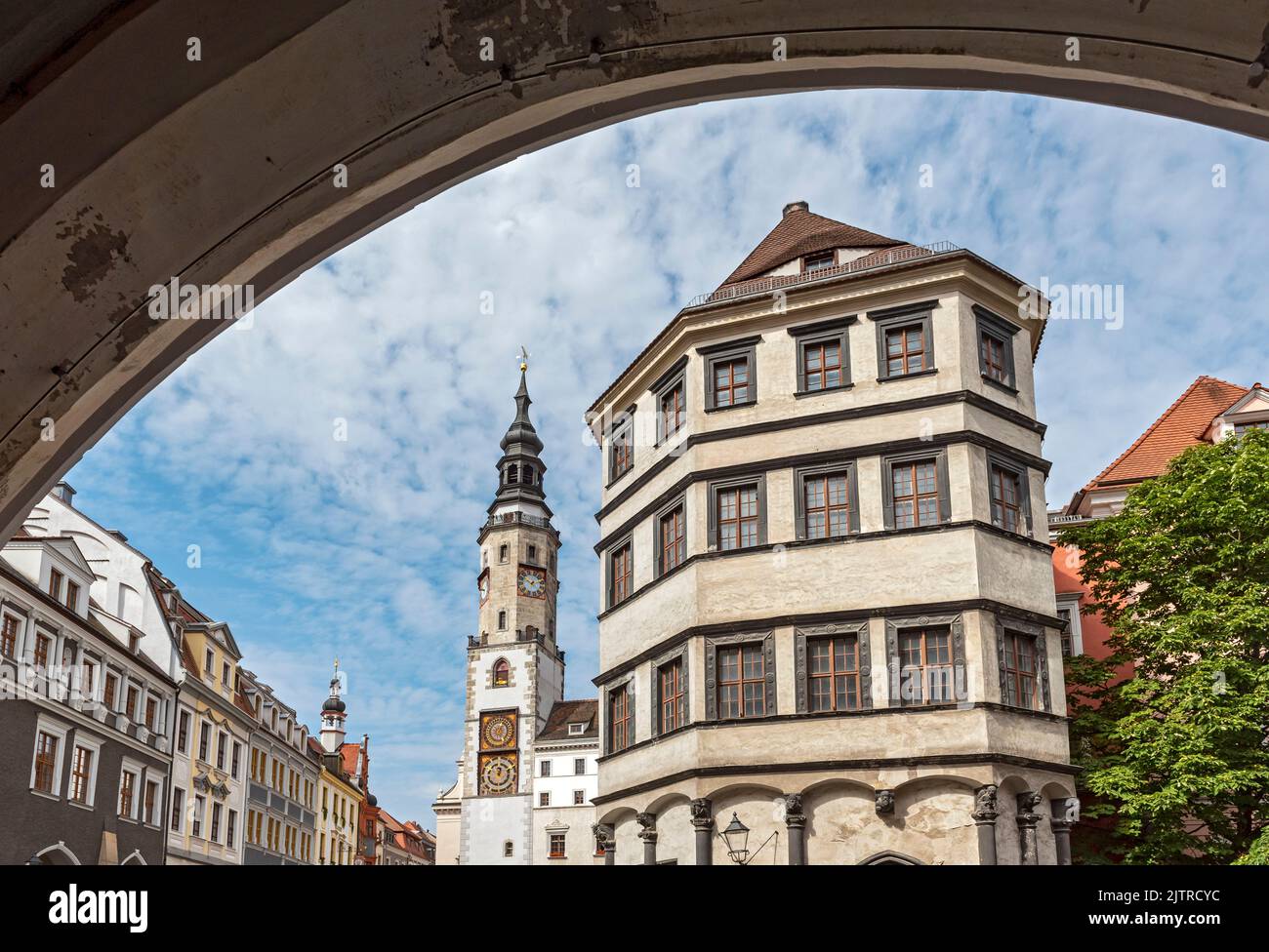 Altes Rathaus Uhrturm und Waagengebäude, Untermarkt, Görlitz (Görlitz), Deutschland Stockfoto