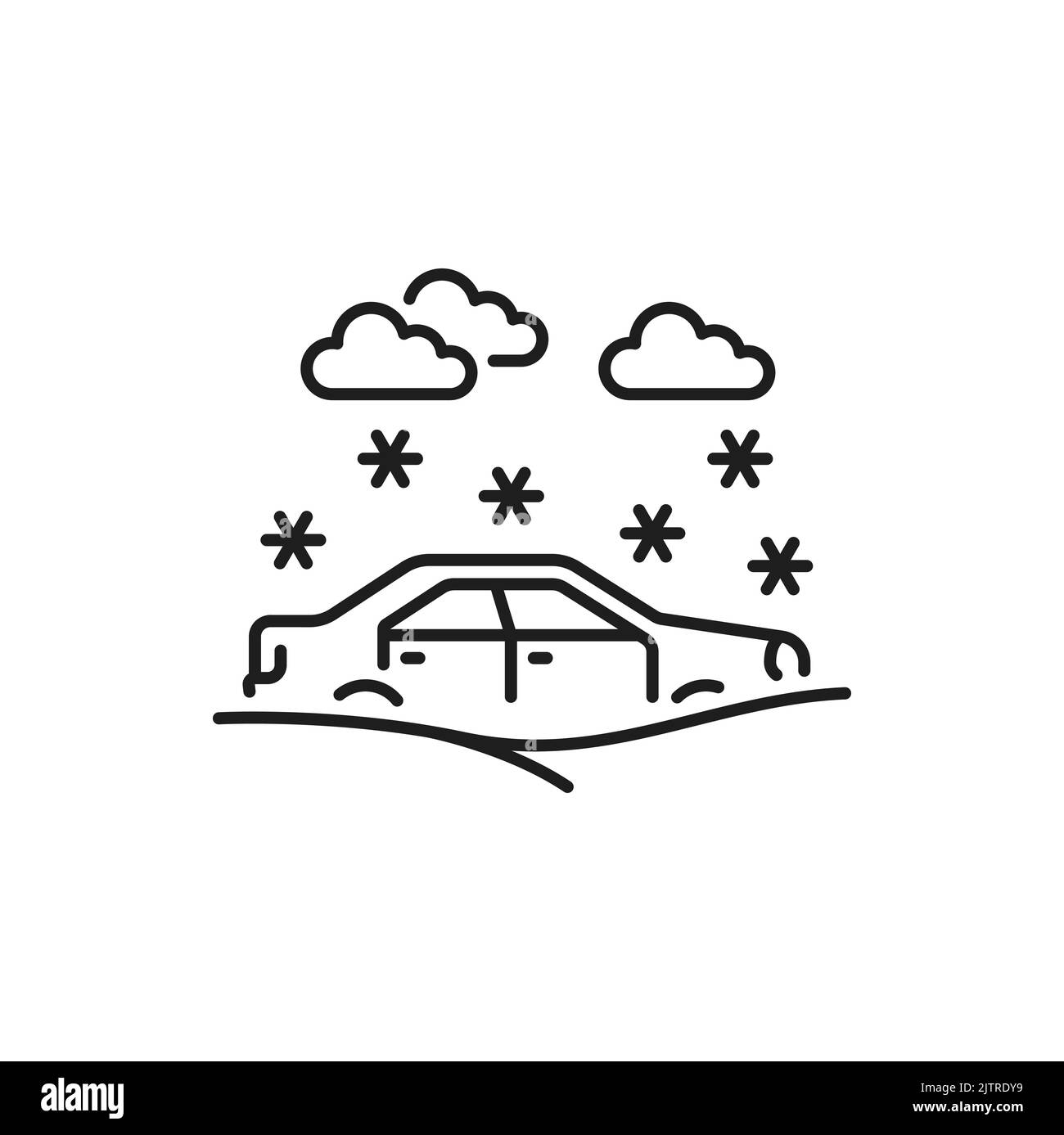 Symbol für Autoschäden bei Eissturm oder Naturkatastrophen mit dünnen Linien. Kfz-Schaden durch Wetterereignis Versicherungsschutz Linienschild. Vektorsymbol für Fahrzeugfehler oder Kollisionsumrisse, bei dem das Fahrzeug bei Schneefall im Schnee stecken bleibt Stock Vektor