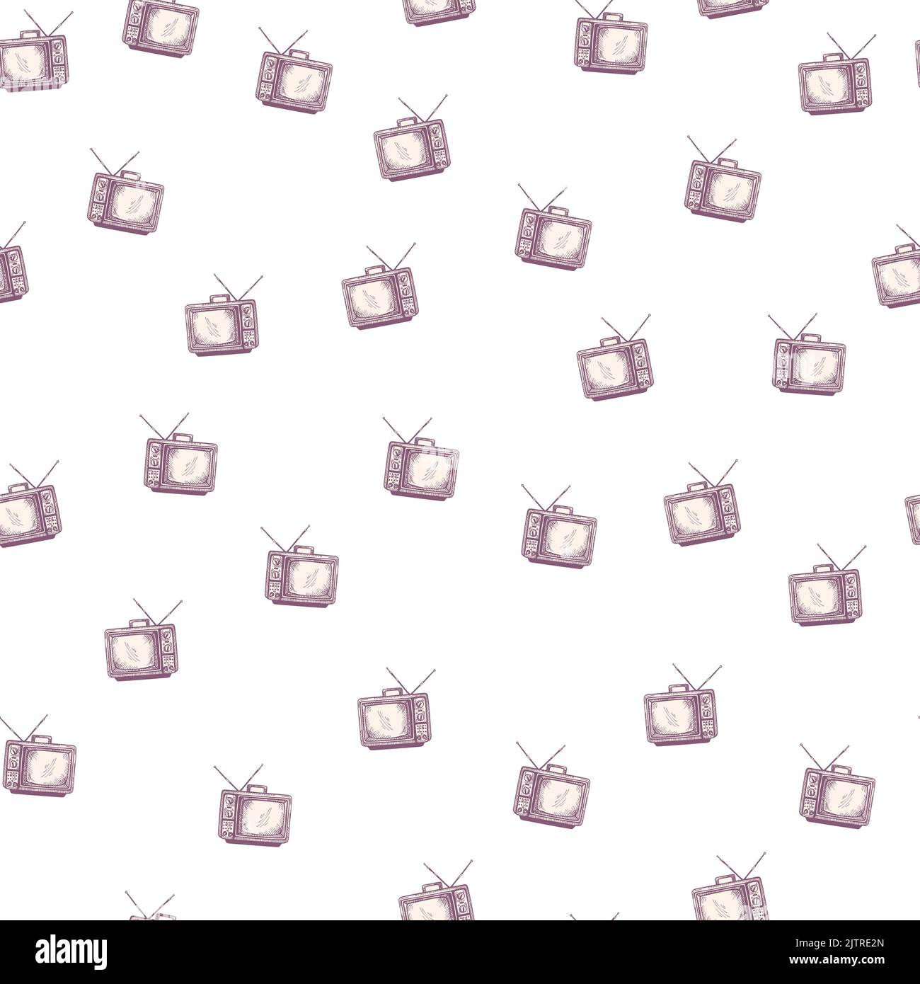 Retro-Fernseher mit gravierten, nahtlosen Antennenmustern. Vintage-Fernseher im handgezeichneten Stil. Skizzenstruktur für Stoff, Tapete, Textil, Druck, Titel, Stock Vektor
