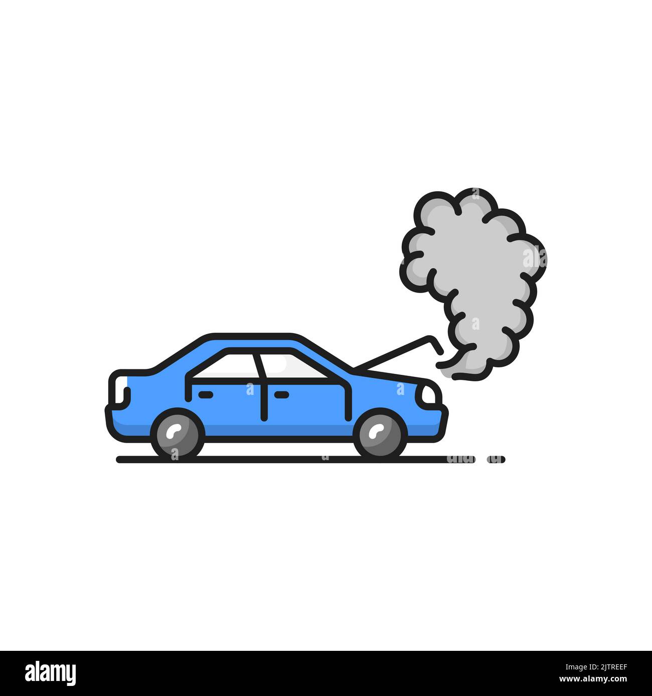 Auto mit offener Haube isoliert Vektor gebrochen Fahrzeug, Verkehrsunfall. Dampfeinschlag des Kühlers bei Motorschaden, Unfall oder Fahrzeugausfall Stock Vektor