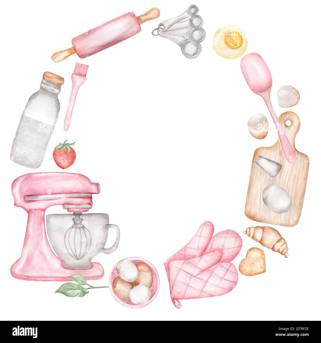 Aquarell handgezeichneter Kranz mit Backwerkzeugen und Zutaten in Pink. Kochrahmen Schablonen Karten und Logo mit Küchenutensilien, Kuchen, Schneebesen, Spat Stockfoto