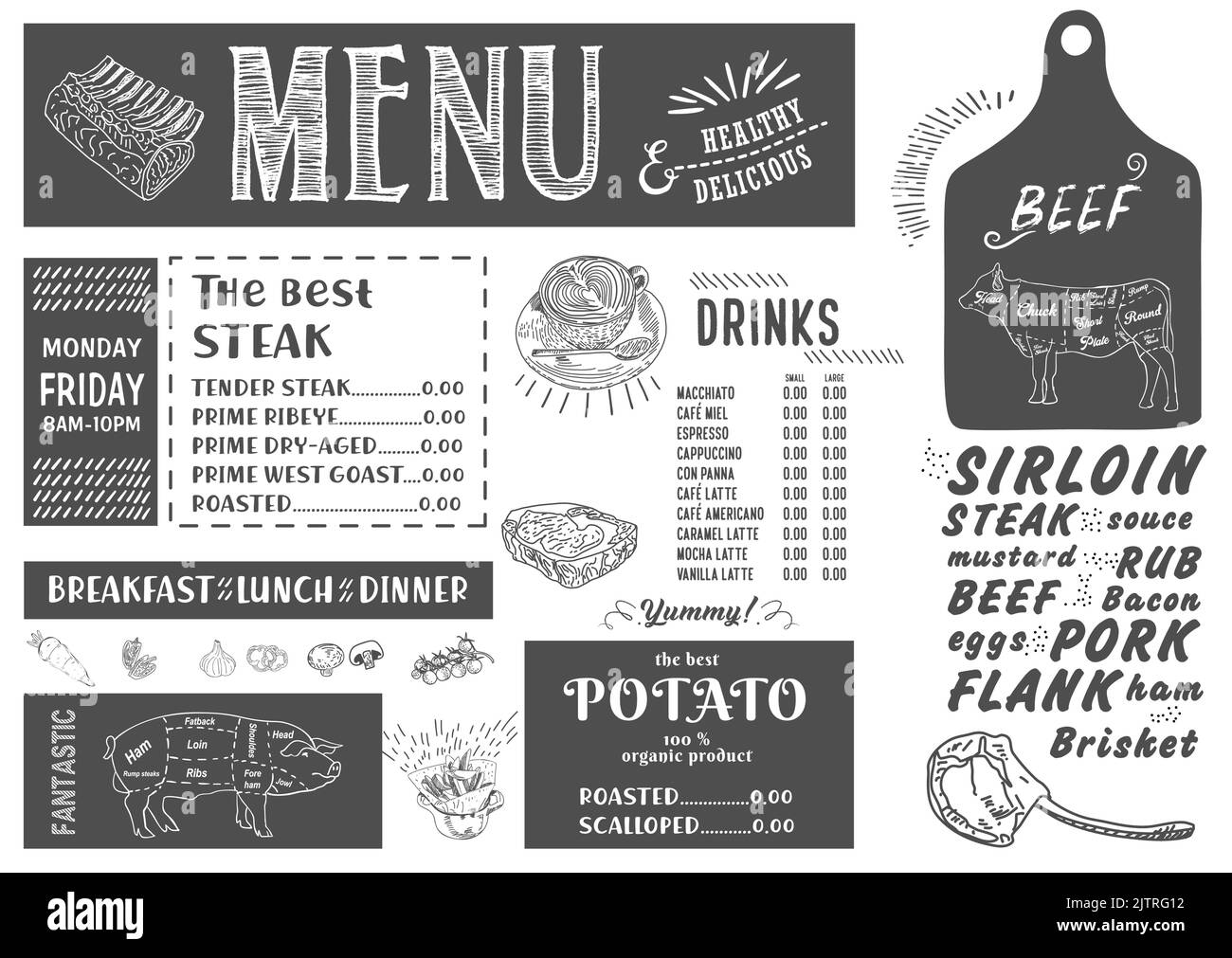 Vintage Butcher Shop, handgezeichnet auf schwarzem Hintergrund. Metzgerei Kuhfutter Kreidetafel Shop. Poster „Retro Menu Restaurant“. Vektor. Stock Vektor