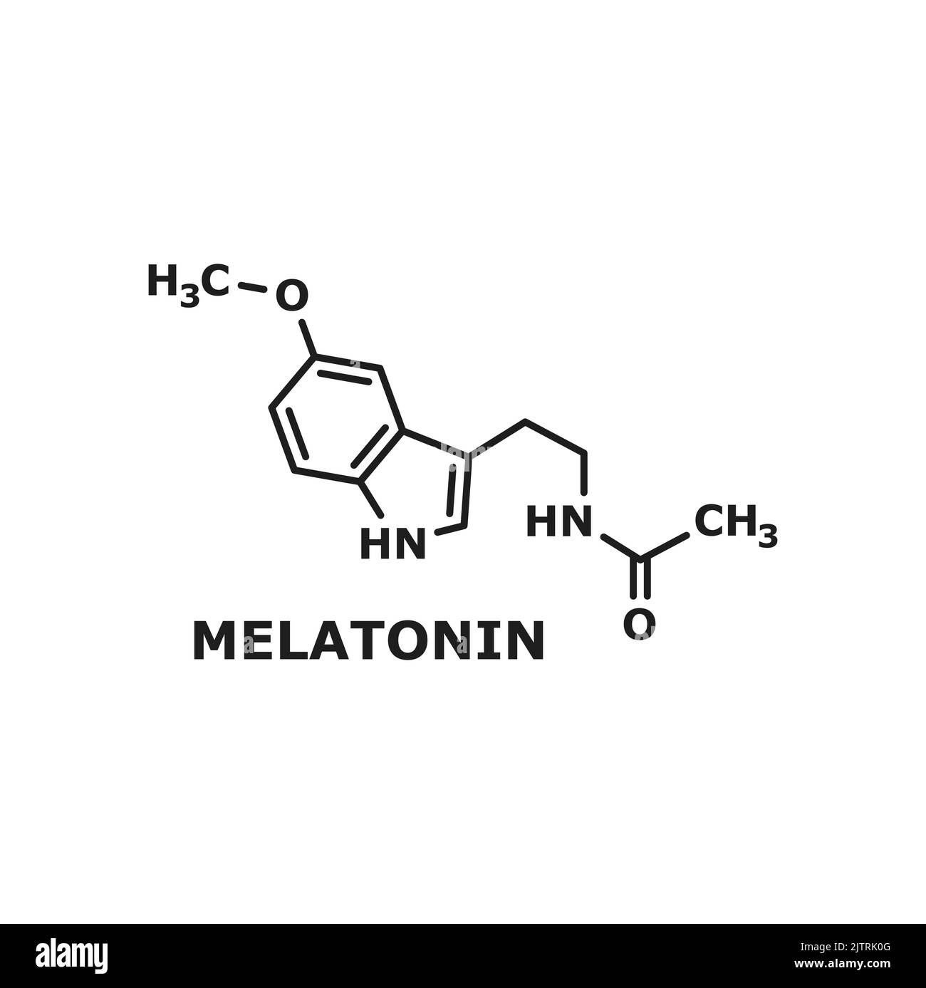 Strukturformel des Melatonin-Hormons isoliert dünne Linie Symbol. Vektor-Melatonin-Hormon, das den täglichen Beginn der Dunkelheit vorwegnimmt, skizzieren Schlafhormon-Struktur. Synchronisierung der zirkadianen Rhythmen Stock Vektor