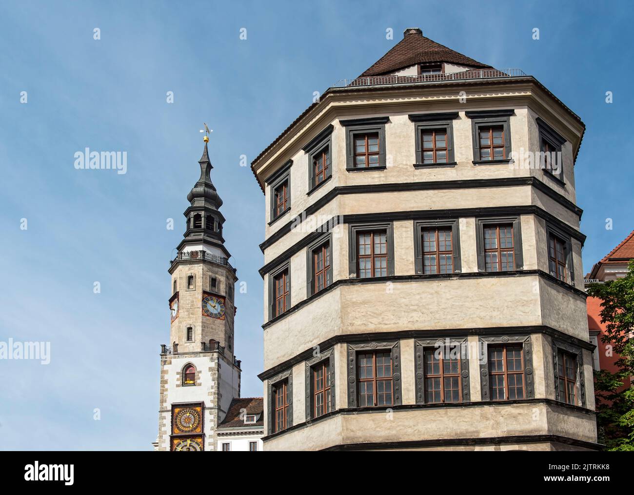 Altes Rathaus Uhrturm und Waagengebäude, Untermarkt, Görlitz (Görlitz), Deutschland Stockfoto