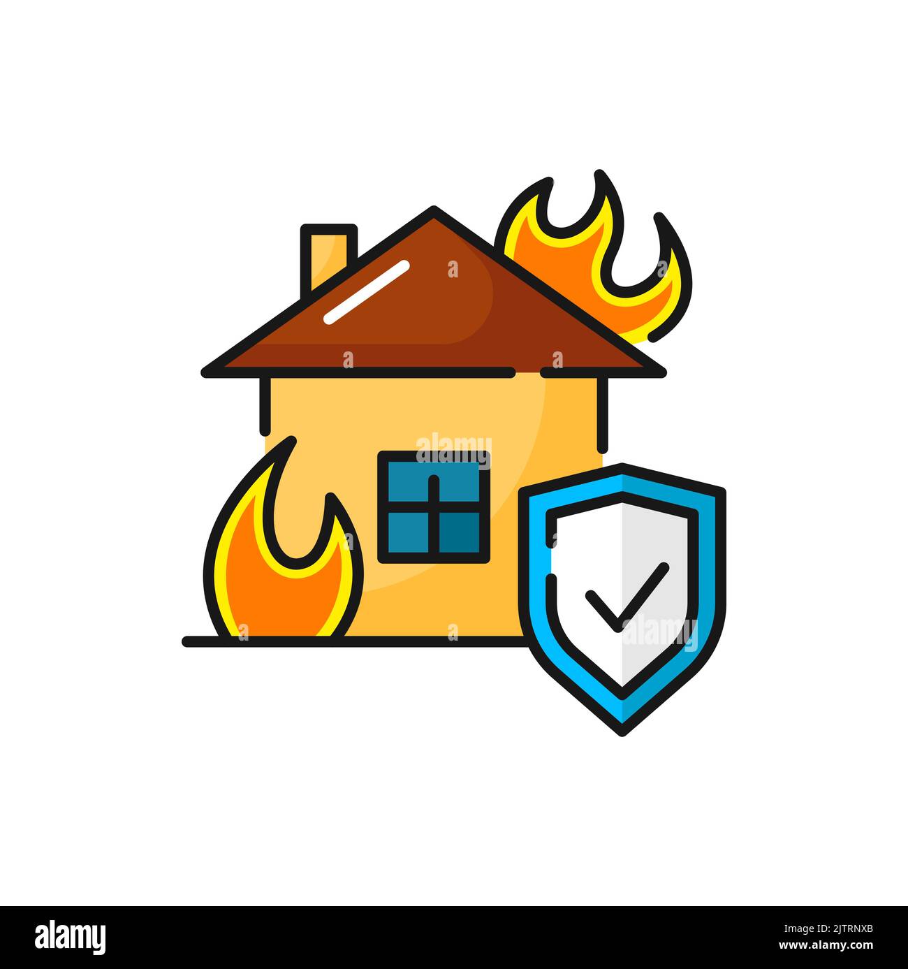 Burning House isoliert Sachversicherung gegen Feuer Farbe Umriss Symbol. Vector Brandstiftung von zu Hause, Schutz Schutz Schild, Feuer Flamme Katastrophe Stock Vektor