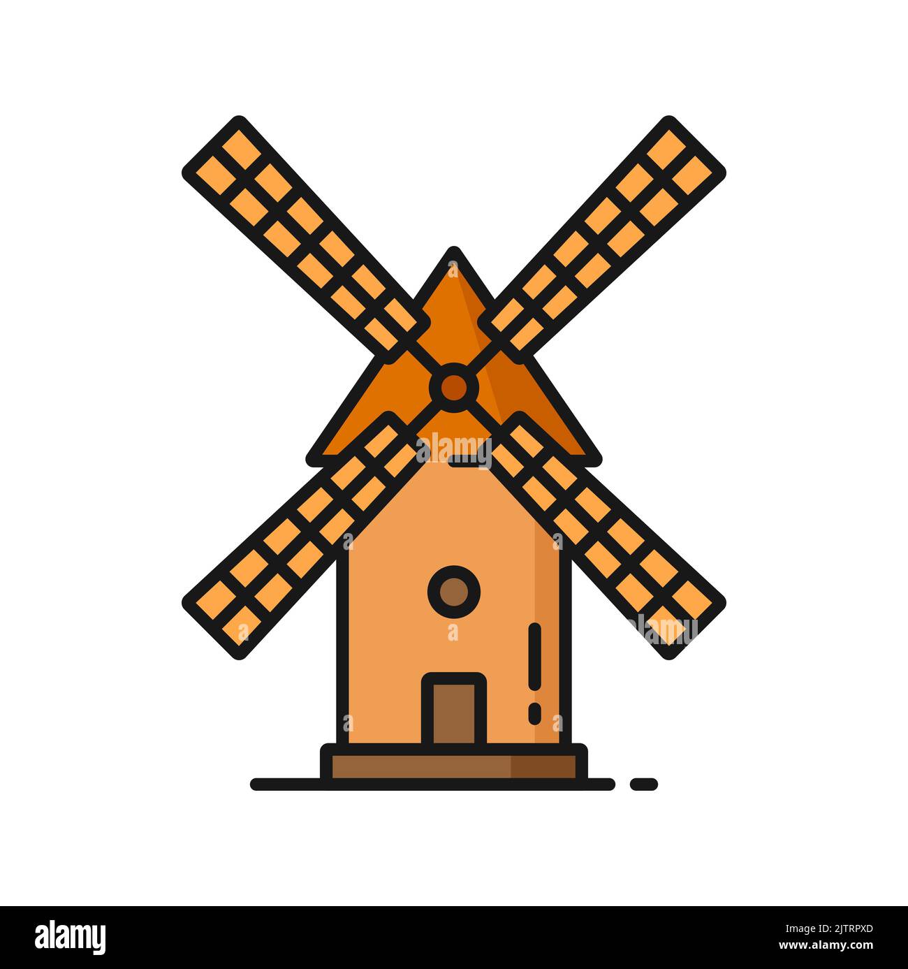 Deutscher Wahrzeichen Retro Windmühle isoliert Farbe Umriss Symbol. Vector Niederländische Holzwindmühle, ländliche Landschaft traditionelle holländische Steinmühle Stock Vektor