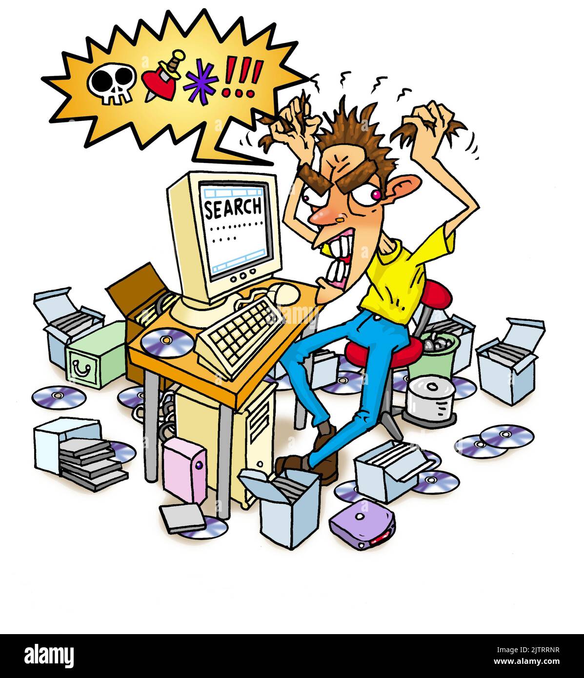 Konzeptkunst eines wütenden Mannes, umgeben von PC-Hardware, der Online-Speicher, Computerfestplatten und CD-ROMs nach fehlenden/verlorenen Datendateien durchsucht. Stockfoto