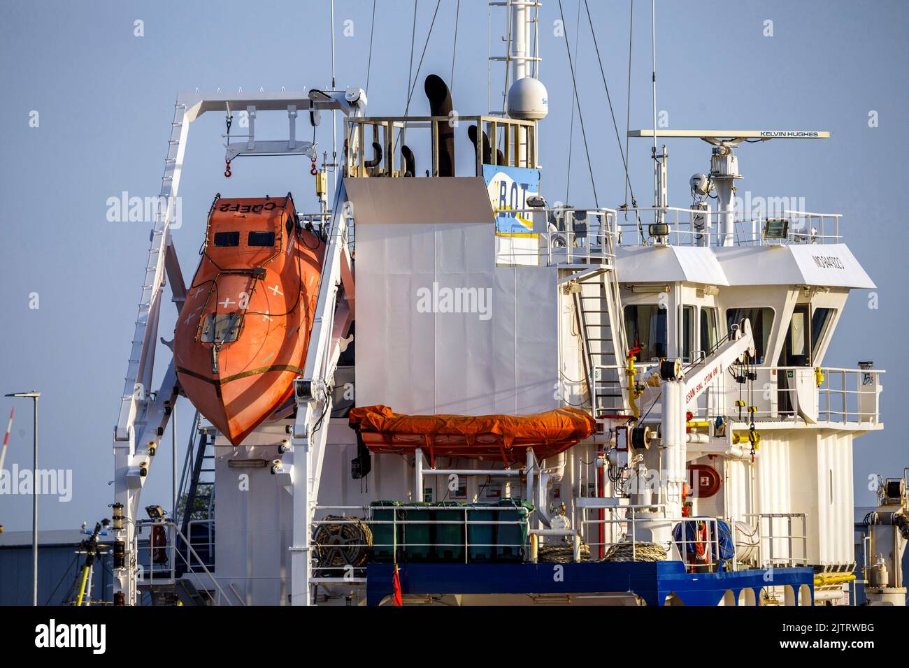 Freifallrettungsschiff am Heck des Tankers 'Antares' Stockfoto