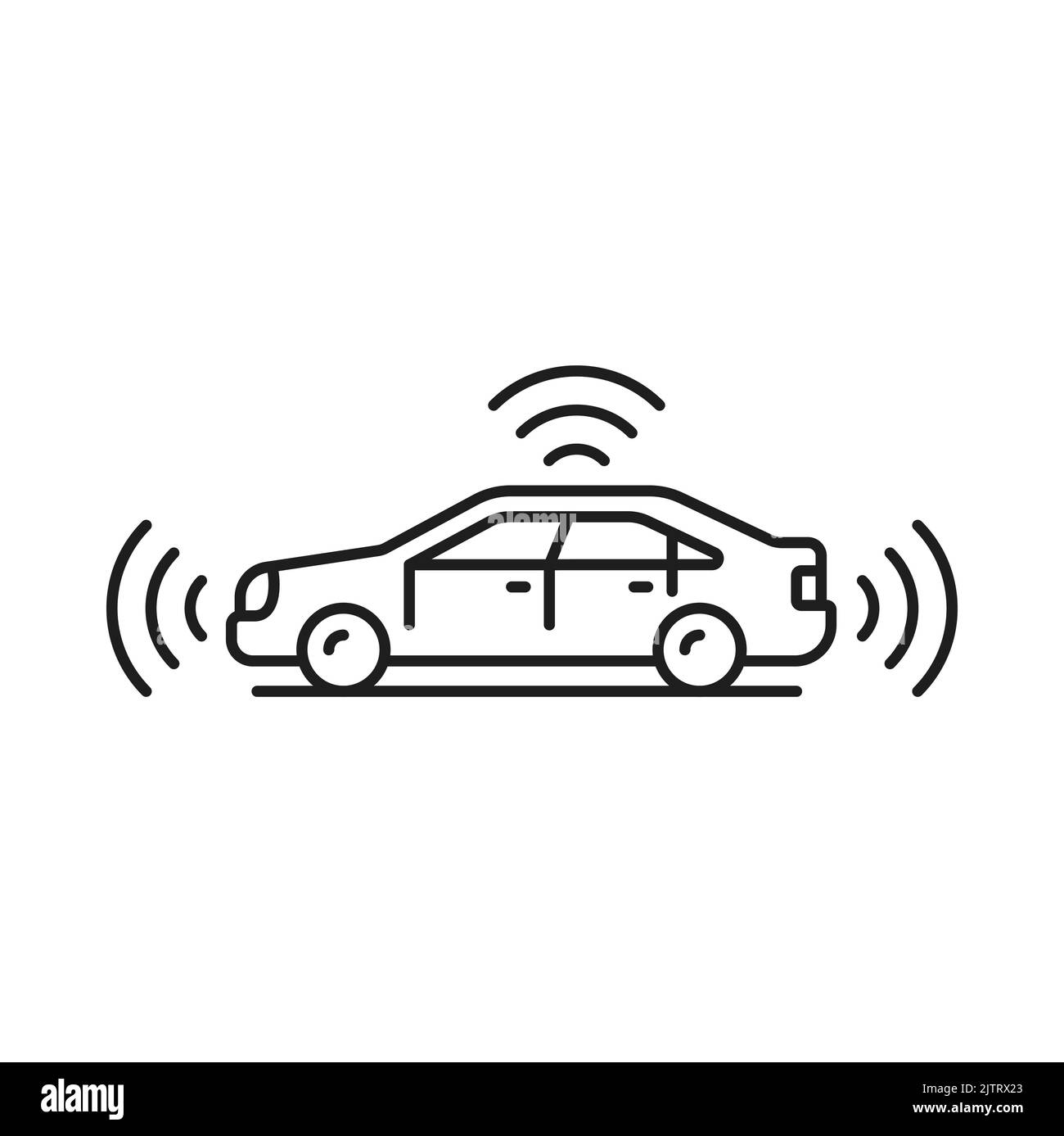 Fahrerloses Auto-Symbol, selbstfahrende Smart-Vehicle-Technologie, Vektorlinien-Symbol. Fahrerloses Fahrzeug mit Verkehrssensoren und Fahrlidaren für den sicheren Transport selbstfahrende Fahrzeuge Stock Vektor