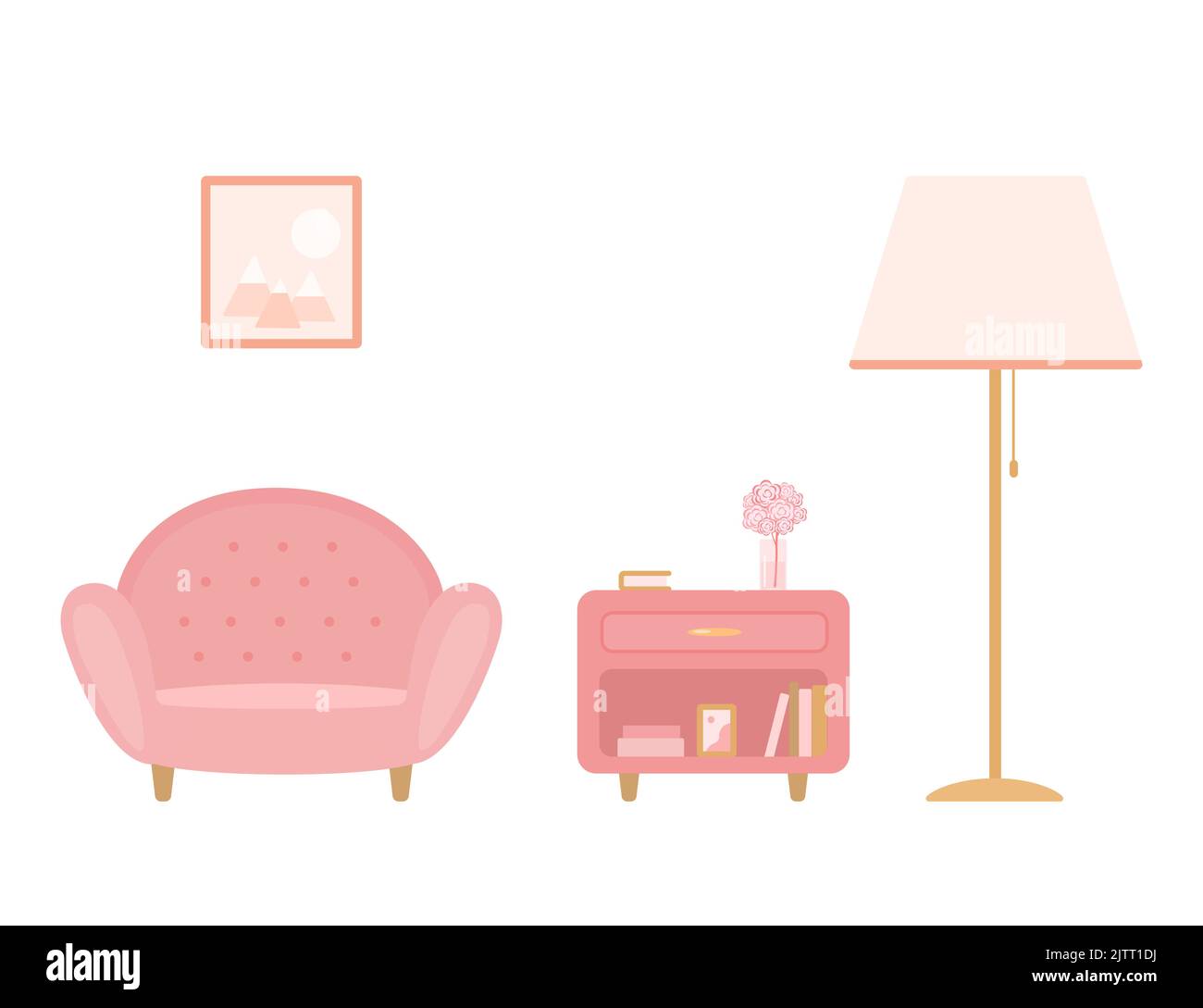Kuscheliger Sessel und Nachttisch in sanftem Pink. Auf weißem Hintergrund. Wohnraumkonzept. Vektorgrafik. Flacher Cartoon-Stil Stock Vektor