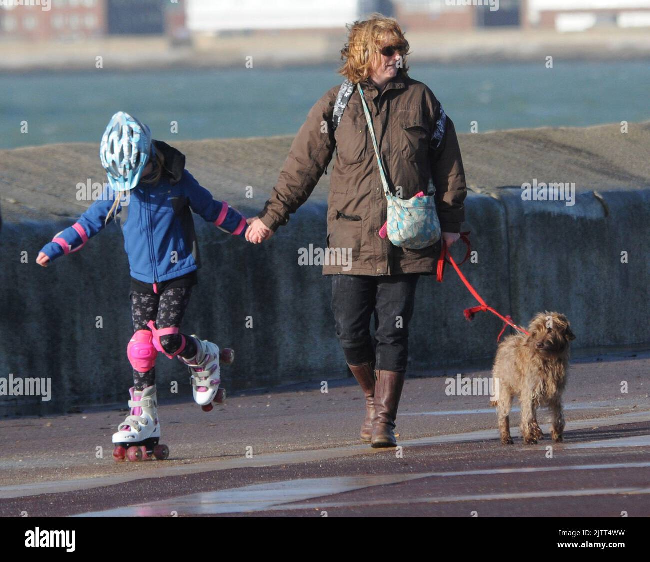 SCHLITTSCHUHE AUSPROBIEREN, WÄHREND SIE MIT DEM HUND AUF DER PROMENADE VON SOUTHSEA SPAZIEREN GEHEN, HANTS IN DER SONNE PIC MIKE WALKER,2013 MIKE WALKER BILDER Stockfoto