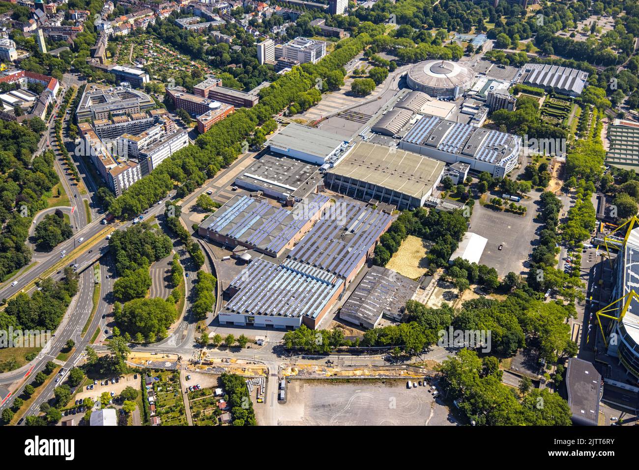 Luftaufnahme, Westfalenhallen, Westfalenhalle, Dortmund, Ruhrgebiet, Nordrhein-Westfalen, Deutschland, DE, Europa, Kultur, Kunst, Luftfotografie, Messe Stockfoto