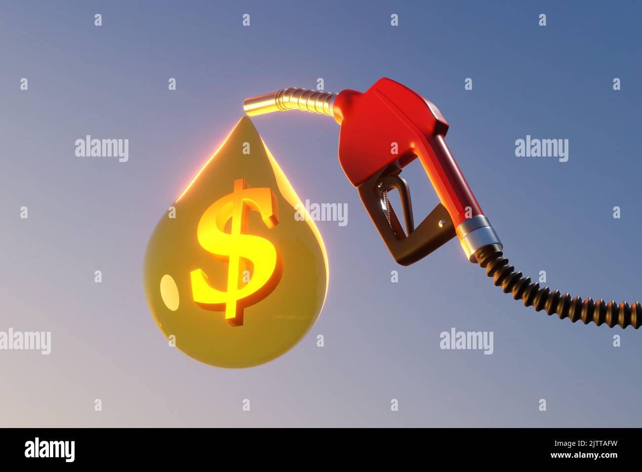 Diesel-Kraftstoffpumpenpistole mit einem großen Tropfen goldenem Öl, das ein glänzendes Dollarzeichen enthält. Illustration des Konzepts des steigenden Gaspreises Stockfoto