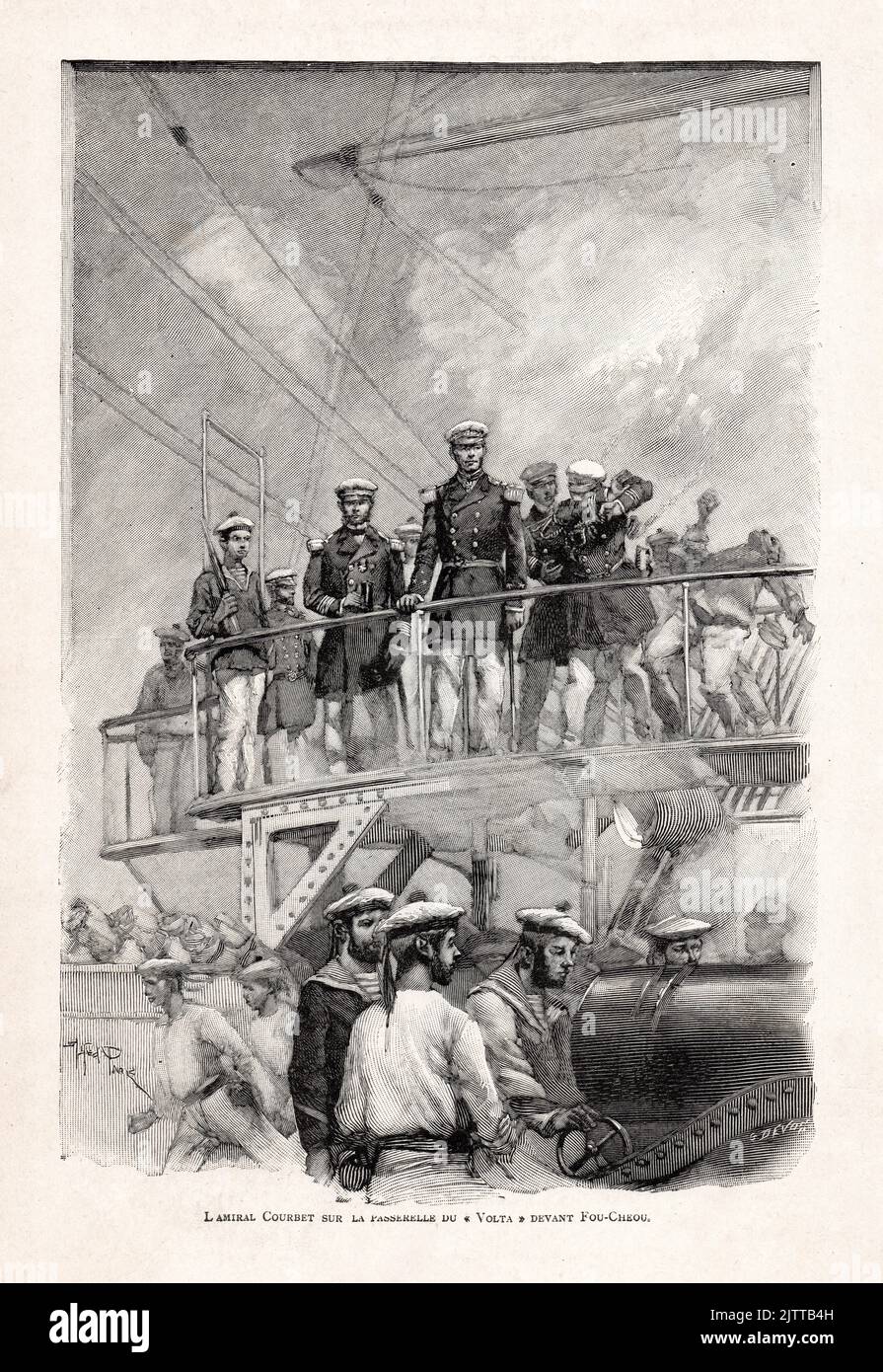 Illustration von G. Devos des Admiral Courbet auf der Fußgängerbrücke der 'Volta' vor der chinesischen Stadt Fuzhou im August 1884 während des F Stockfoto