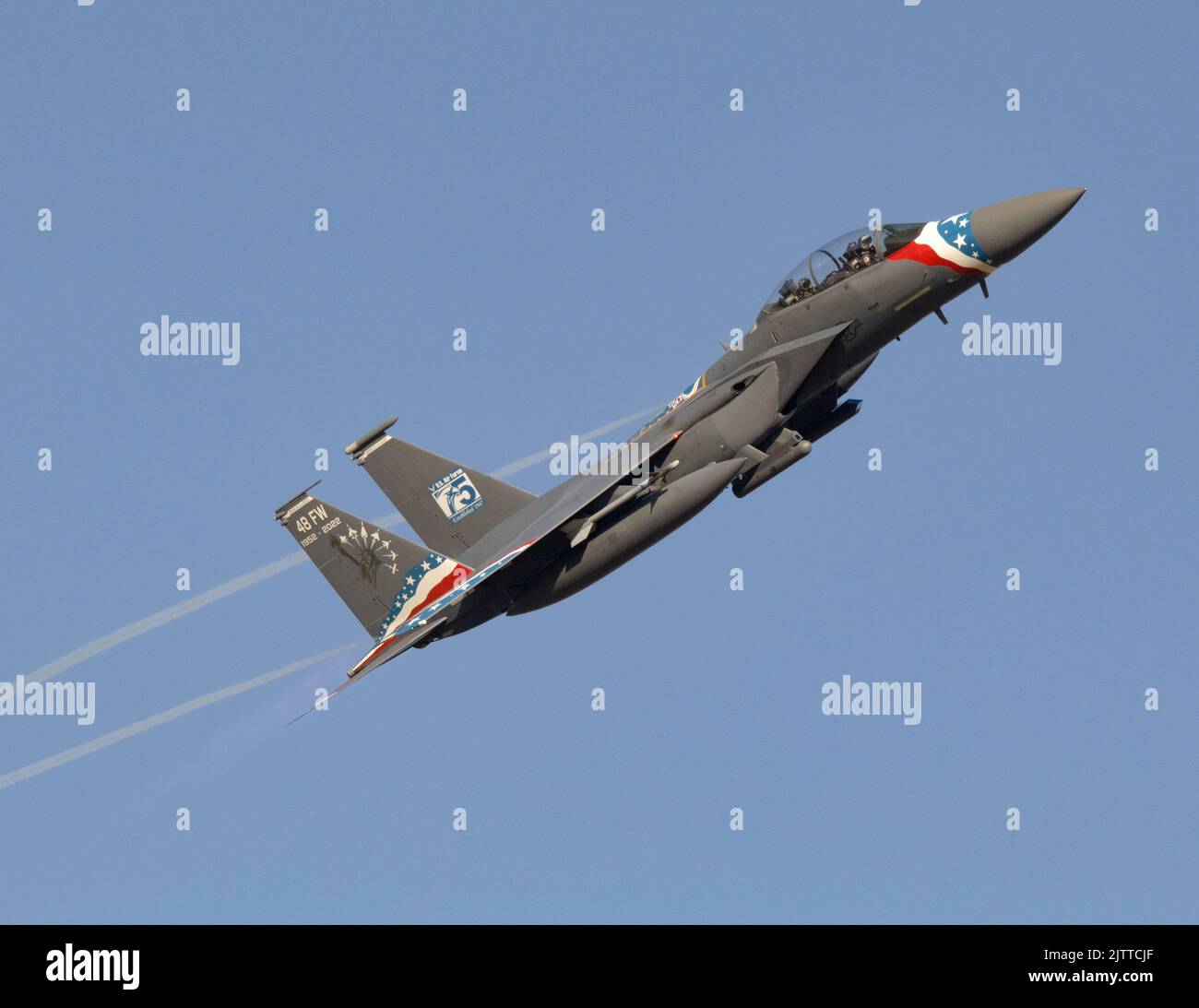 F-15E Strike Eagle with Heritage 2022 paint, taking off, Runway 07 RAF Lakenheath, 29.. August 2022 Stockfoto