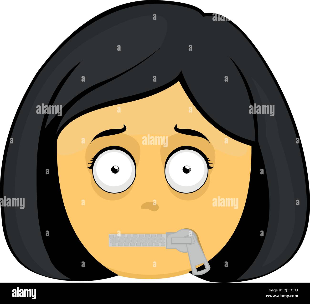 Vektor-Illustration der gelben Emoji-Cartoon-Frau mit einem Reißverschluss im Mund Stock Vektor