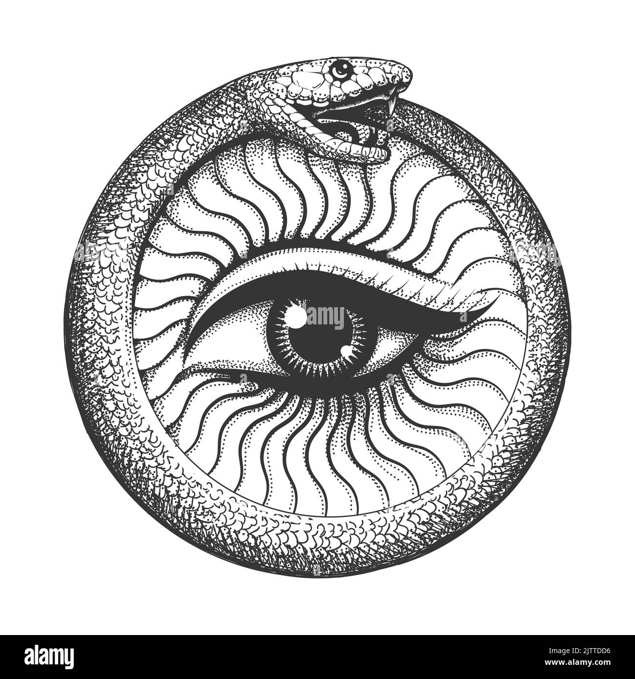 Tätowierung von Ouroboros Schlange mit Auge innen esoterisches Symbol auf weiß isoliert. Vektorgrafik Stock Vektor